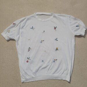 Women's Vintage Embroidered Floral White Top, Size Medium